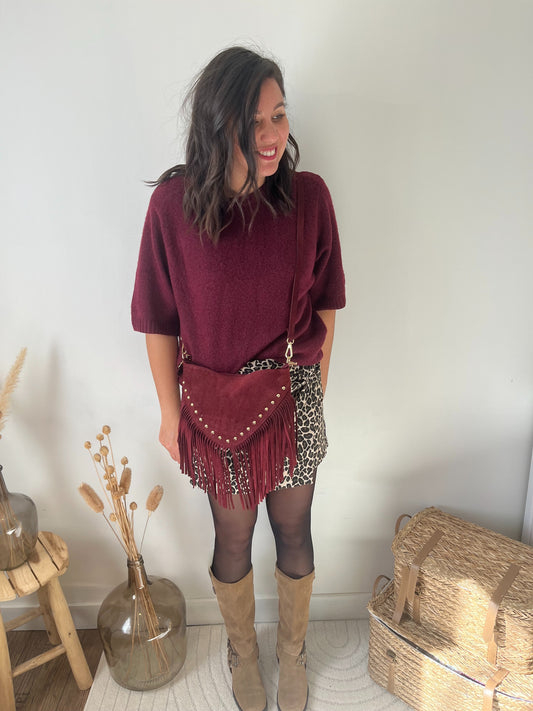 Sac en cuir avec franges et clous "Ava" bordeaux