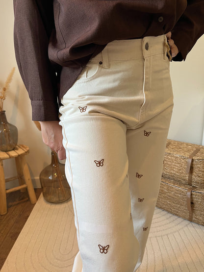 Pantalon "Avy" Wide Leg Crème – Broderie Papillon