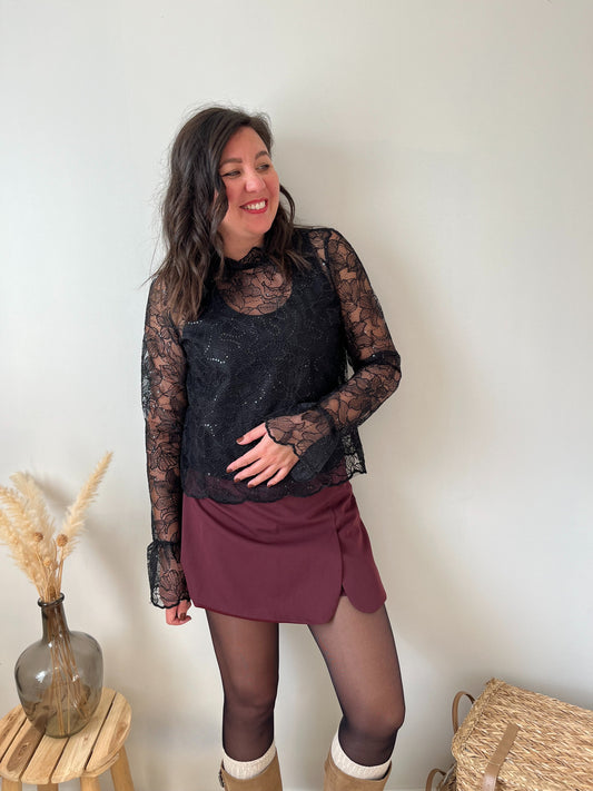 Blouse dentelle et sequins "Bella" noire