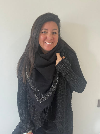 Foulard carré noir à strass et franges