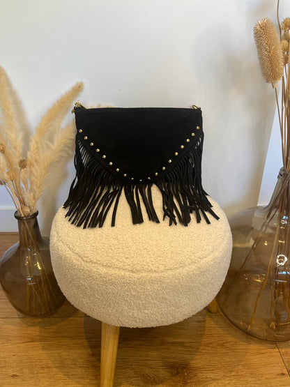 Sac en cuir avec franges et clous "Ava" noir
