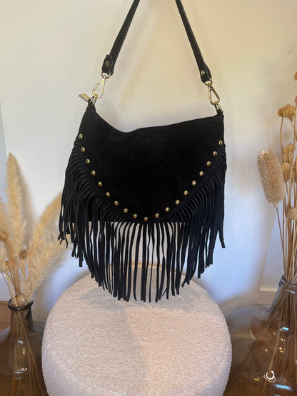 Sac en cuir avec franges et clous "Ava" noir