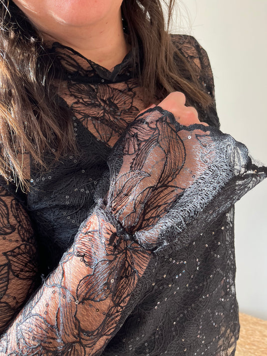 Blouse dentelle et sequins "Bella" noire