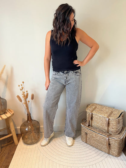 Jean "Alma" Wide Leg Gris – Détail Strass