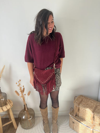 Sac en cuir avec franges et clous "Ava" bordeaux