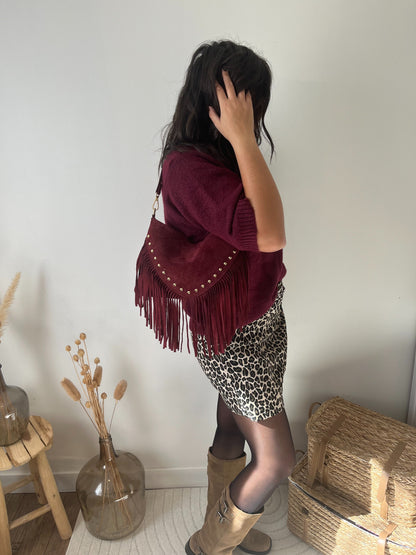 Sac en cuir avec franges et clous "Ava" bordeaux