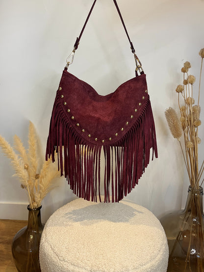 Sac en cuir avec franges et clous "Ava" bordeaux