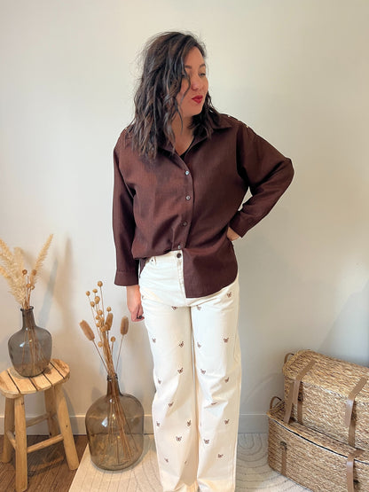 Pantalon "Avy" Wide Leg Crème – Broderie Papillon