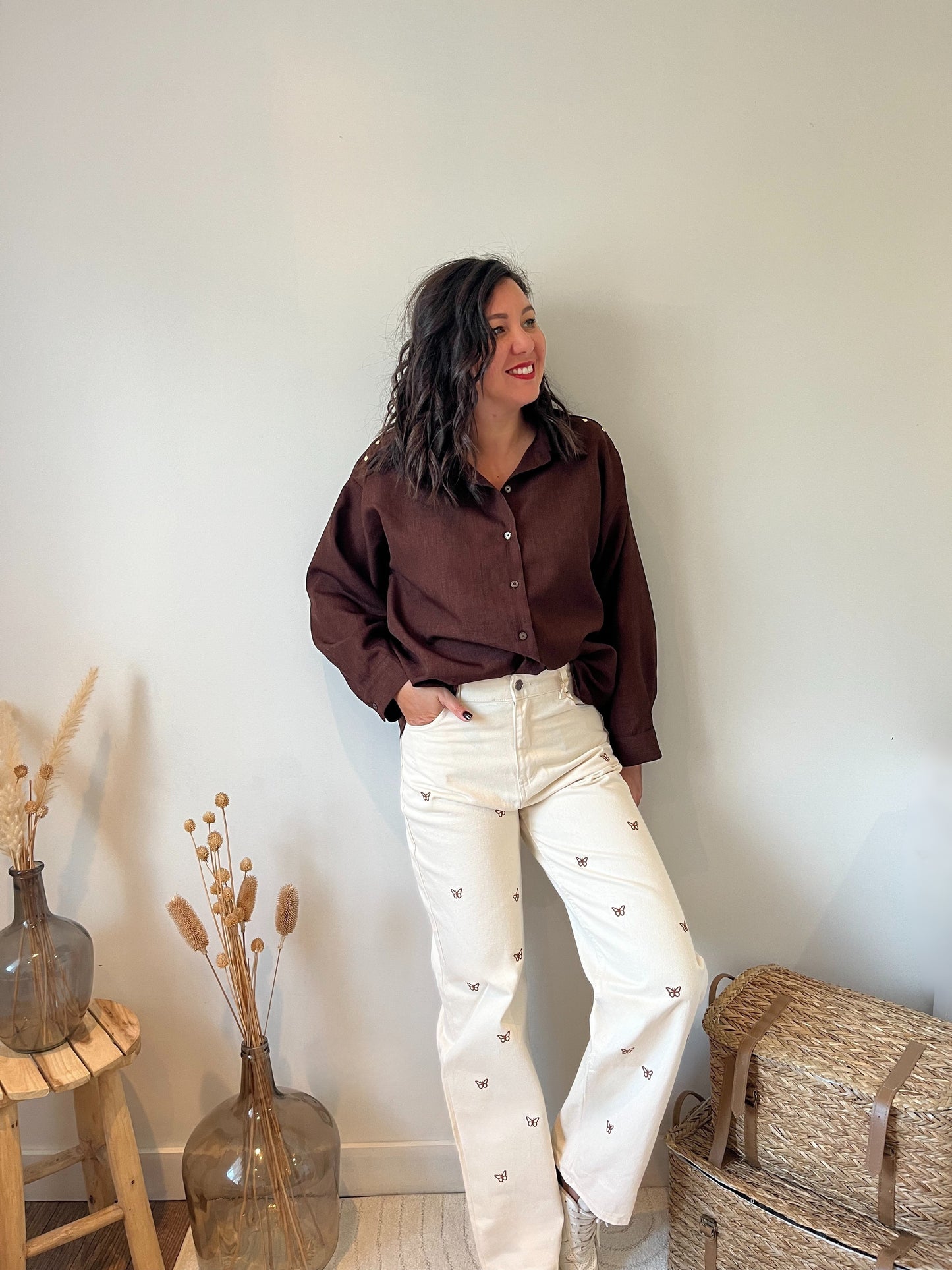 Pantalon "Avy" Wide Leg Crème – Broderie Papillon