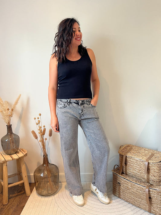 Jean "Alma" Wide Leg Gris – Détail Strass